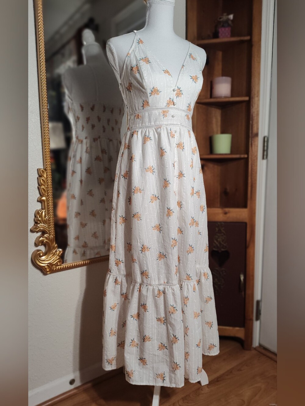100% Cotton White Floral Maxi Sundress with Adjustable Straps